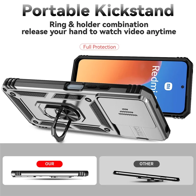 Pour Xiaomi Redmi 12 4G / 5G (Global) / Poco M6 Pro 5G Étui de téléphone avec couvercle de caméra coulissant Anti-rayures - Argent