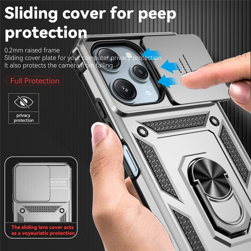 Pour Xiaomi Redmi 12 4G / 5G (Global) / Poco M6 Pro 5G Étui de téléphone avec couvercle de caméra coulissant Anti-rayures - Argent