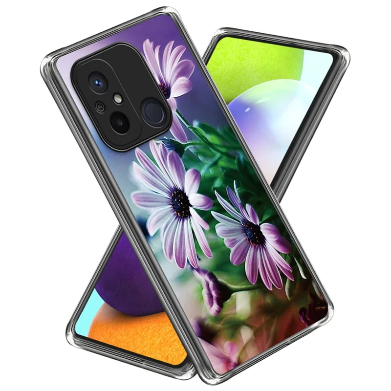 For Xiaomi Redmi 12C 4G Pattern IMD Phone Case Shockproof Protective TPU Back Cover - Purple Chrysanthemum