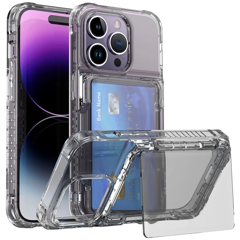 Für iPhone 14 Pro Max Clear Case PC+TPU Kickstand Cover Card Slot - Transparent Schwarz