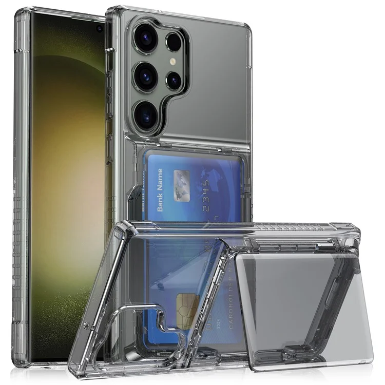 For Samsung Galaxy S24 Ultra Phone Case with Card Holder Kickstand - Transparent Black