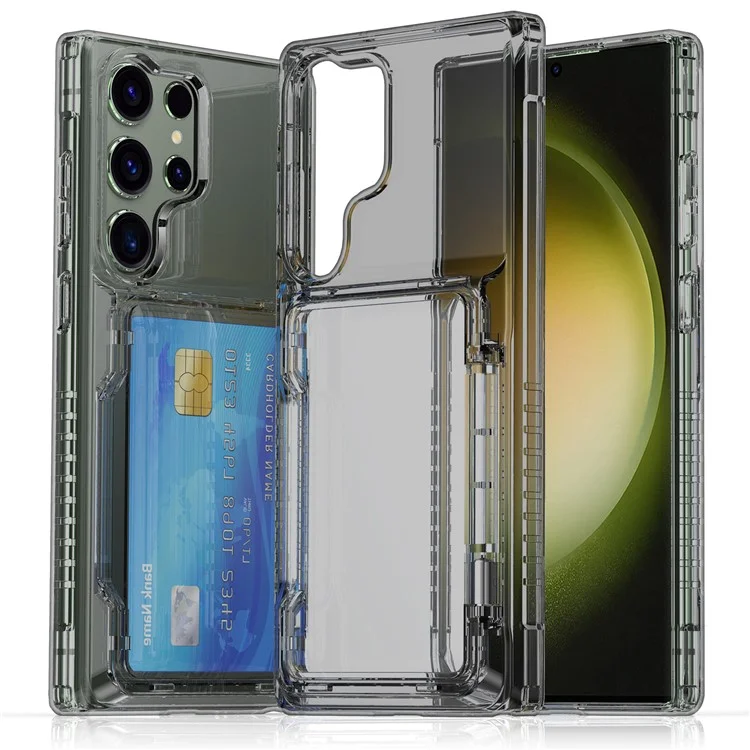 For Samsung Galaxy S24 Ultra Phone Case with Card Holder Kickstand - Transparent Black