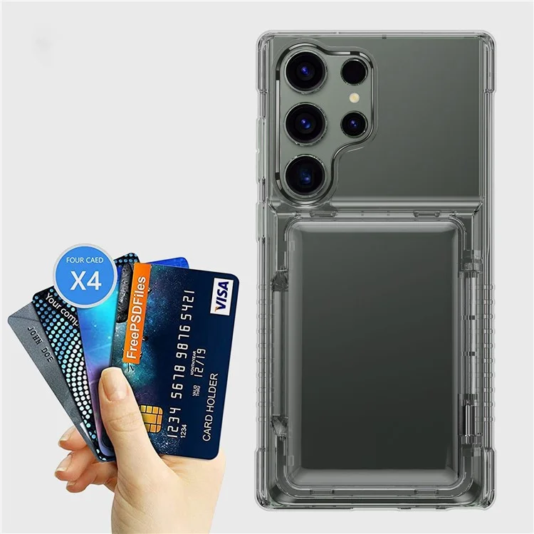 For Samsung Galaxy S24 Ultra Phone Case with Card Holder Kickstand - Transparent Black