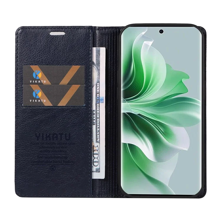 YIKATU YK-006 For Oppo Reno11 5G (Global) Cell Phone Case Litchi Texture PU Leather Stand Wallet Cover - Navy Blue