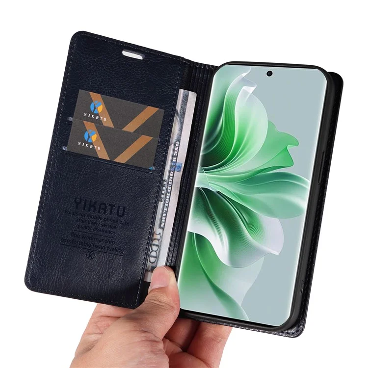 YIKATU YK-006 For Oppo Reno11 5G (Global) Cell Phone Case Litchi Texture PU Leather Stand Wallet Cover - Navy Blue