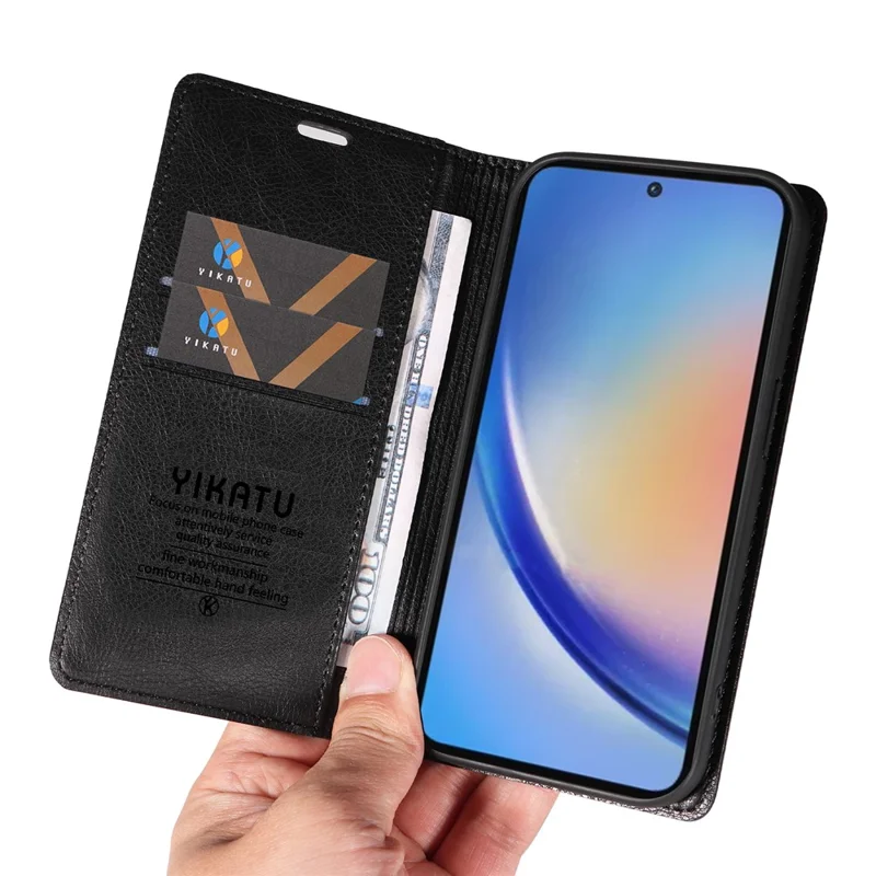 YIKATU YK-006 til Samsung Galaxy A35 5G Mobiltelefon Case Faldsikkert PU Læder+TPU Wallet Cover - Sort