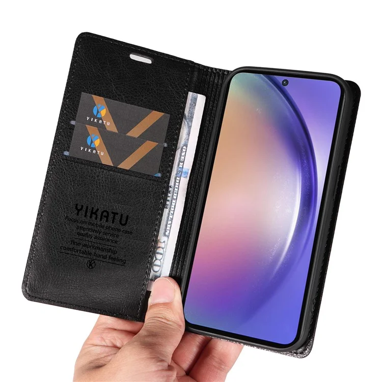 YIKATU YK-006 für Samsung Galaxy A55 5G Hülle Magnetischer Verschluss PU-Leder+TPU Geldbörse Ständer Abdeckung - Schwarz