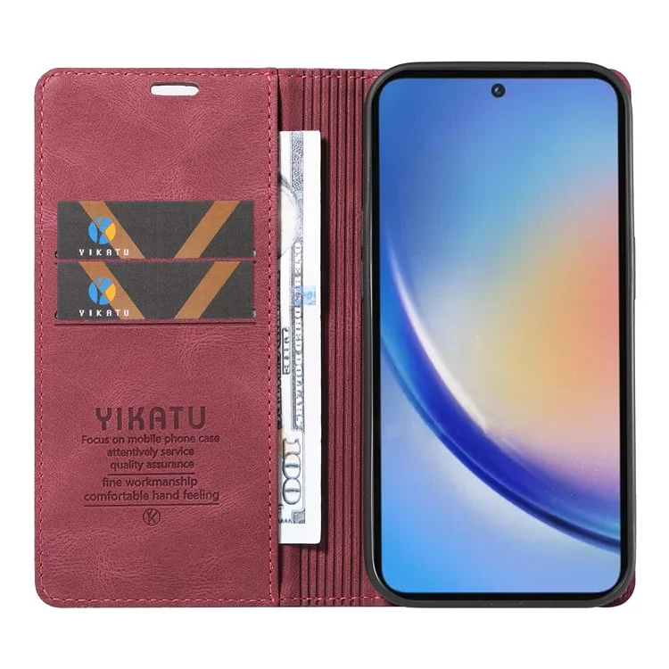 YIKATU YK-004 For Samsung Galaxy A35 5G Strong Magnetic Case PU Leather Wallet Cover - Wine Red