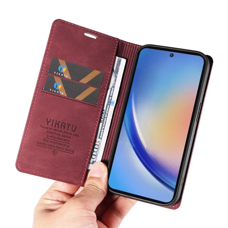 YIKATU YK-004 For Samsung Galaxy A35 5G Strong Magnetic Case PU Leather Wallet Cover - Wine Red