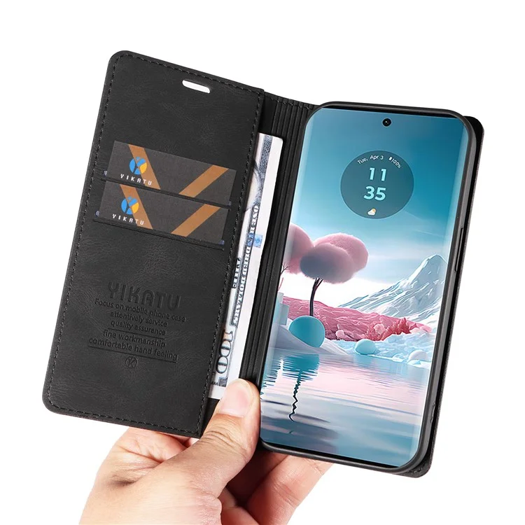 YIKATU YK-004 für Motorola Edge 40 Neo 5G Magnetische Hülle Skin-Touch-Leder Standfuß Wallet Phone Cover - Schwarz