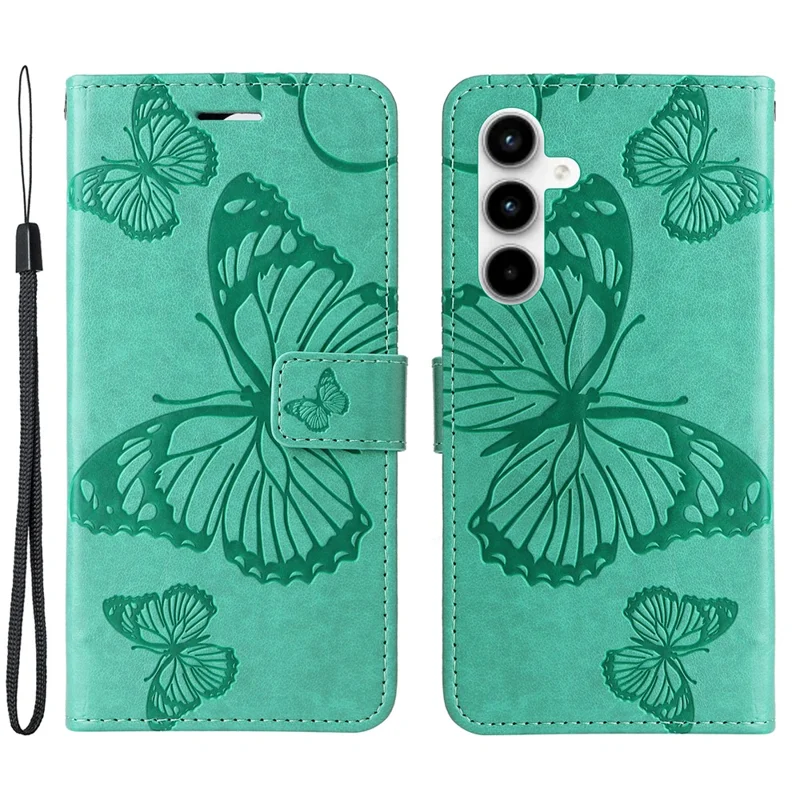 Til Samsung Galaxy A35 5G tegnebogstilfælde med blomstermotiv og indgraveret sommerfugl i læderdæksel med stand - Grøn