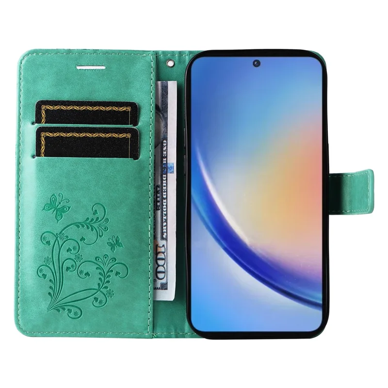 Til Samsung Galaxy A35 5G tegnebogstilfælde med blomstermotiv og indgraveret sommerfugl i læderdæksel med stand - Grøn