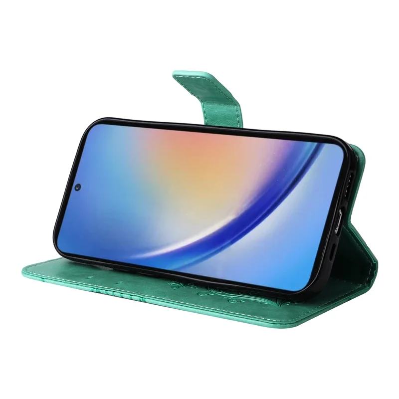 Til Samsung Galaxy A35 5G tegnebogstilfælde med blomstermotiv og indgraveret sommerfugl i læderdæksel med stand - Grøn