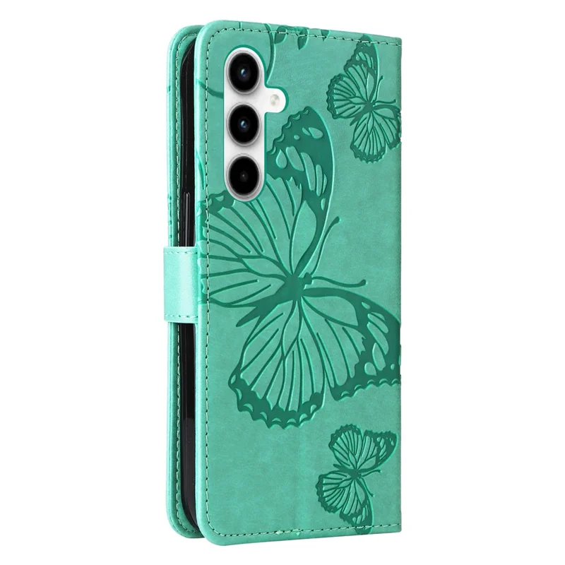 Til Samsung Galaxy A35 5G tegnebogstilfælde med blomstermotiv og indgraveret sommerfugl i læderdæksel med stand - Grøn