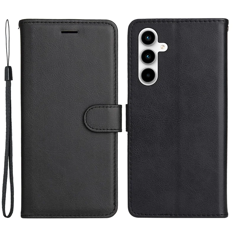 For Samsung Galaxy A35 5G Case Solid Color Leather Mobile Cover Wallet Stand with Strap - Black