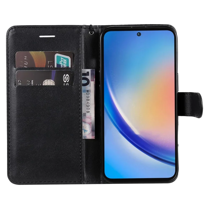 For Samsung Galaxy A35 5G Case Solid Color Leather Mobile Cover Wallet Stand with Strap - Black