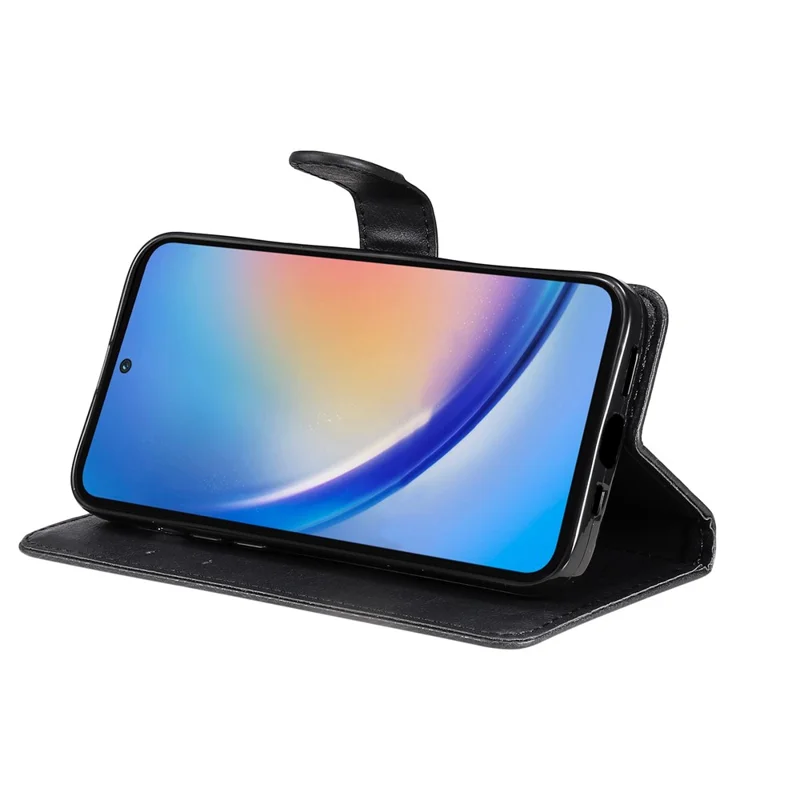 For Samsung Galaxy A35 5G Case Solid Color Leather Mobile Cover Wallet Stand with Strap - Black