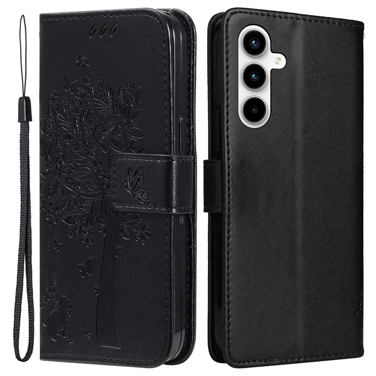 KT Imprinting Flower Series-3 Per Samsung Galaxy A35 5G Cover Imprinted Cat Tree Leather Phone Case - Nero