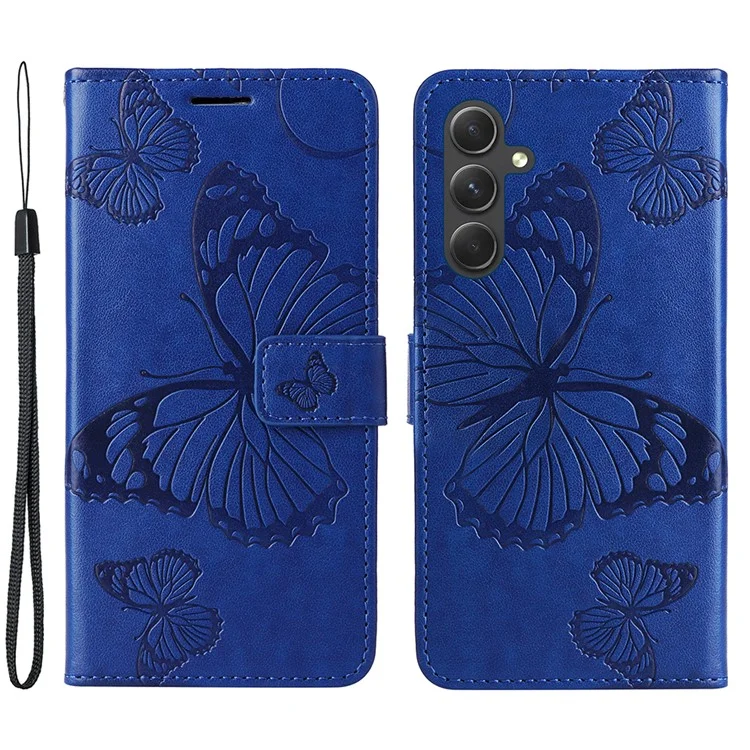 For Samsung Galaxy A55 5G Wallet Case Floral Butterfly Imprinted Leather Phone Cover Stand - Blue