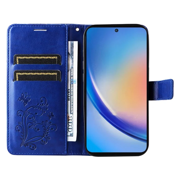 For Samsung Galaxy A55 5G Wallet Case Floral Butterfly Imprinted Leather Phone Cover Stand - Blue