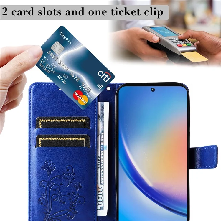 For Samsung Galaxy A55 5G Wallet Case Floral Butterfly Imprinted Leather Phone Cover Stand - Blue