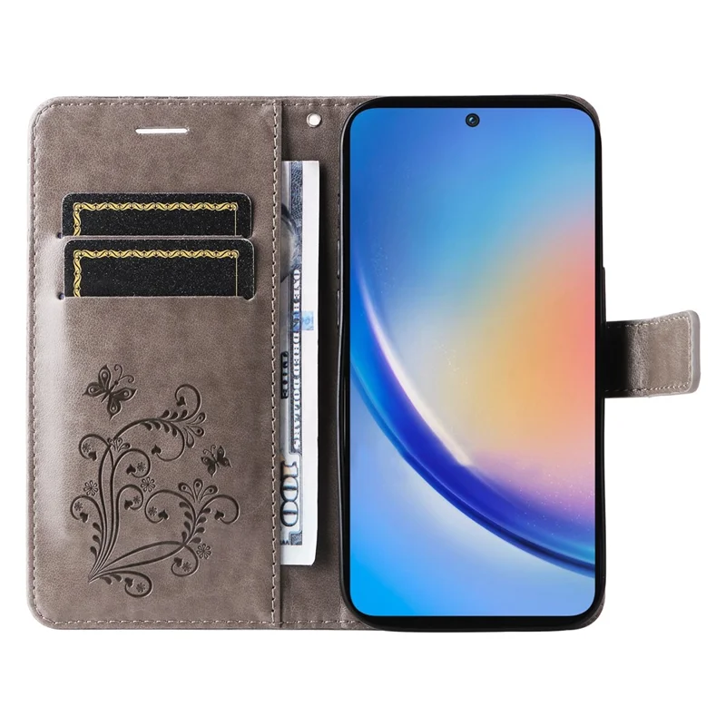 For Samsung Galaxy A55 5G Wallet Case Floral Butterfly Imprinted Leather Phone Cover Stand - Grey