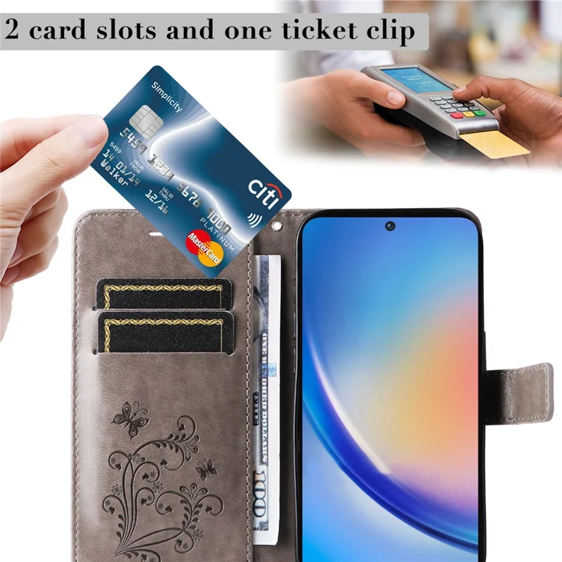 For Samsung Galaxy A55 5G Wallet Case Floral Butterfly Imprinted Leather Phone Cover Stand - Grey