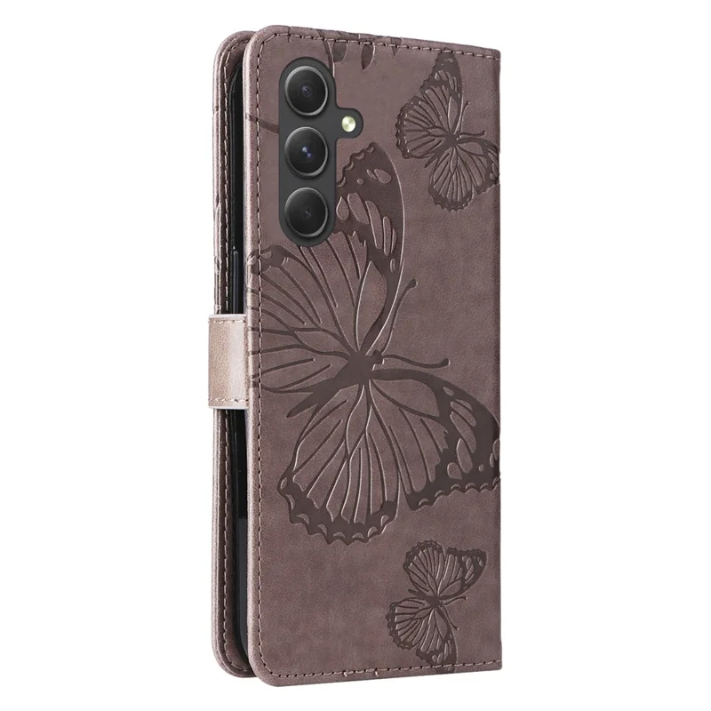 For Samsung Galaxy A55 5G Wallet Case Floral Butterfly Imprinted Leather Phone Cover Stand - Grey