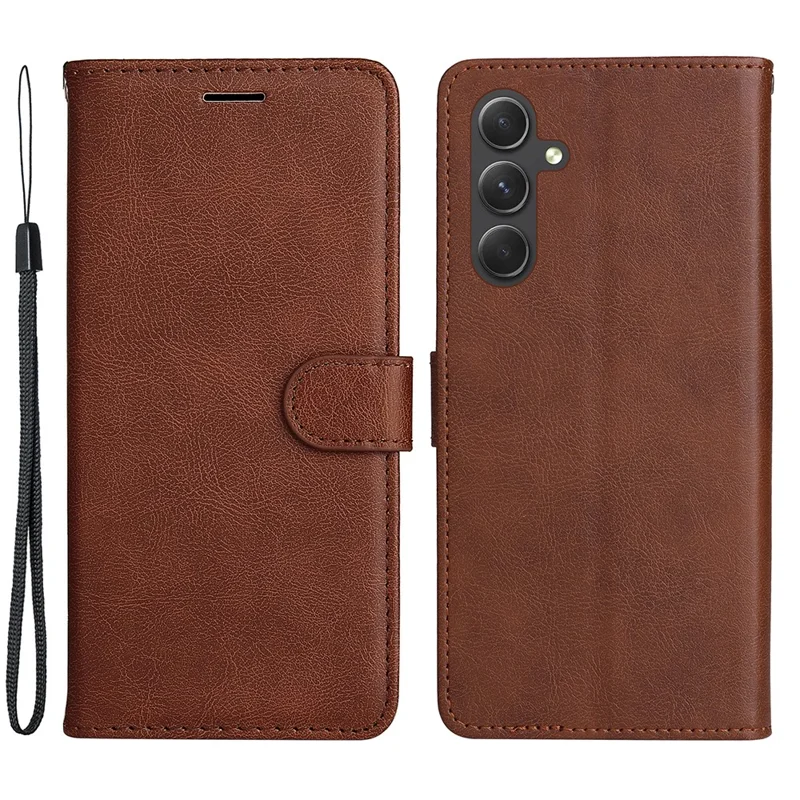 For Samsung Galaxy A55 5G Case Solid Color Leather Mobile Cover Wallet Stand with Strap - Brown