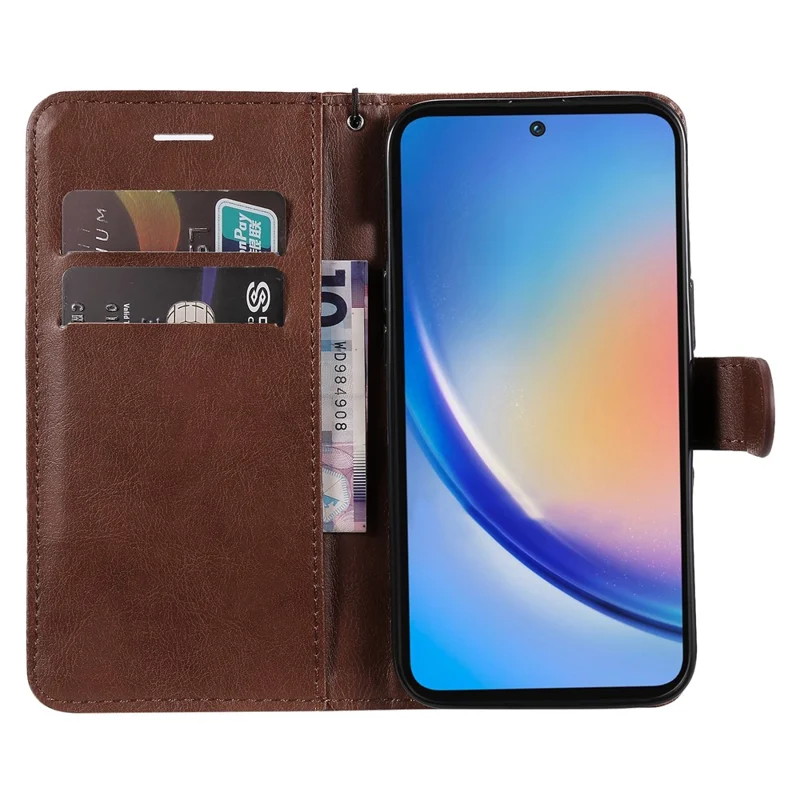 For Samsung Galaxy A55 5G Case Solid Color Leather Mobile Cover Wallet Stand with Strap - Brown