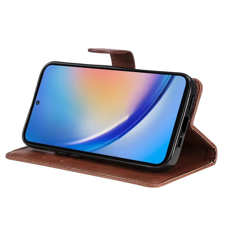 For Samsung Galaxy A55 5G Case Solid Color Leather Mobile Cover Wallet Stand with Strap - Brown