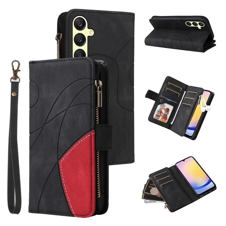 For Samsung Galaxy A25 5G (Global) Leather Case with Strap Zipper 9 Card Slot Phone Cover Stand - Black