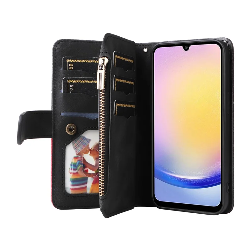 For Samsung Galaxy A25 5G (Global) Leather Case with Strap Zipper 9 Card Slot Phone Cover Stand - Black