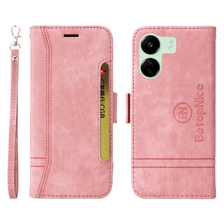 BETOPNICE 001 para Xiaomi Redmi 13C 4G / Redmi 13C 5G / Poco C65 4G Capa de Telefone Dobrável Carteira - Rosa