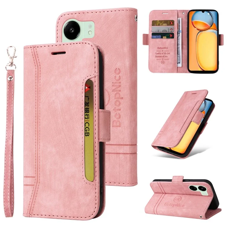 BETOPNICE 001 para Xiaomi Redmi 13C 4G / Redmi 13C 5G / Poco C65 4G Capa de Telefone Dobrável Carteira - Rosa