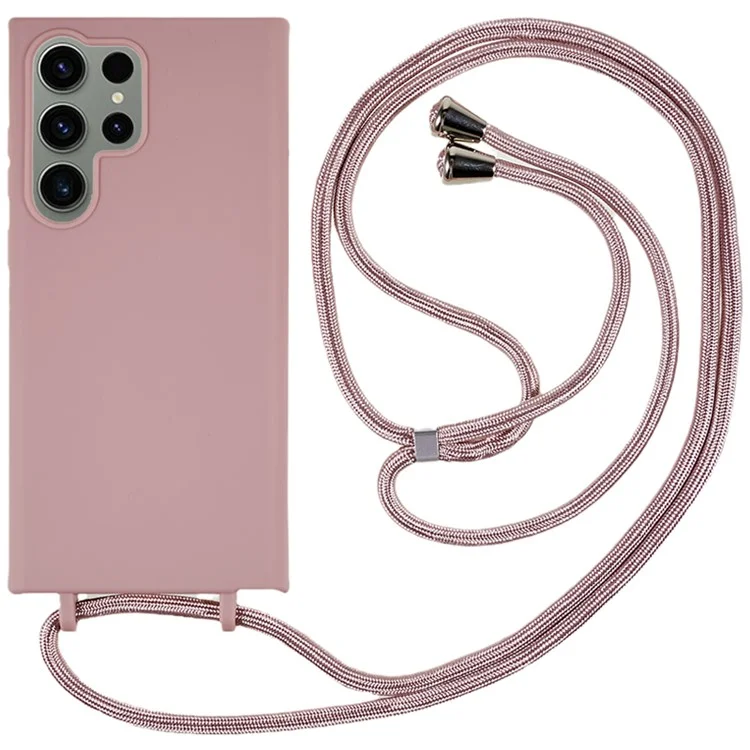 For Samsung Galaxy S24 Ultra Cell Phone Case Shockproof TPU Cover with Long Strap - Deep Pink