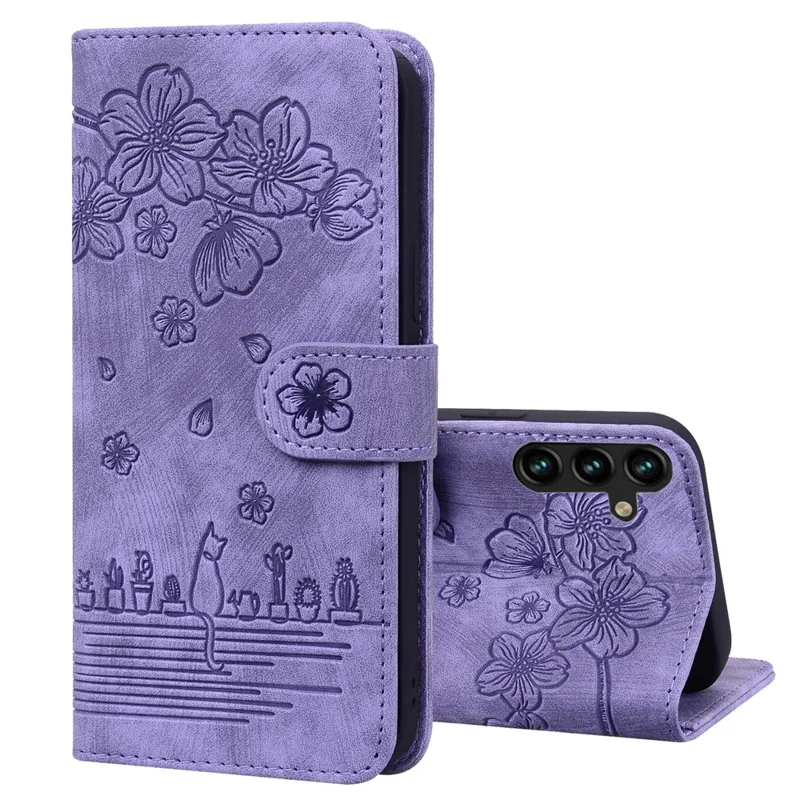 Custodia per cellulare per Samsung Galaxy A35 5G Shell Flower Cat Wallet Cover - Viola