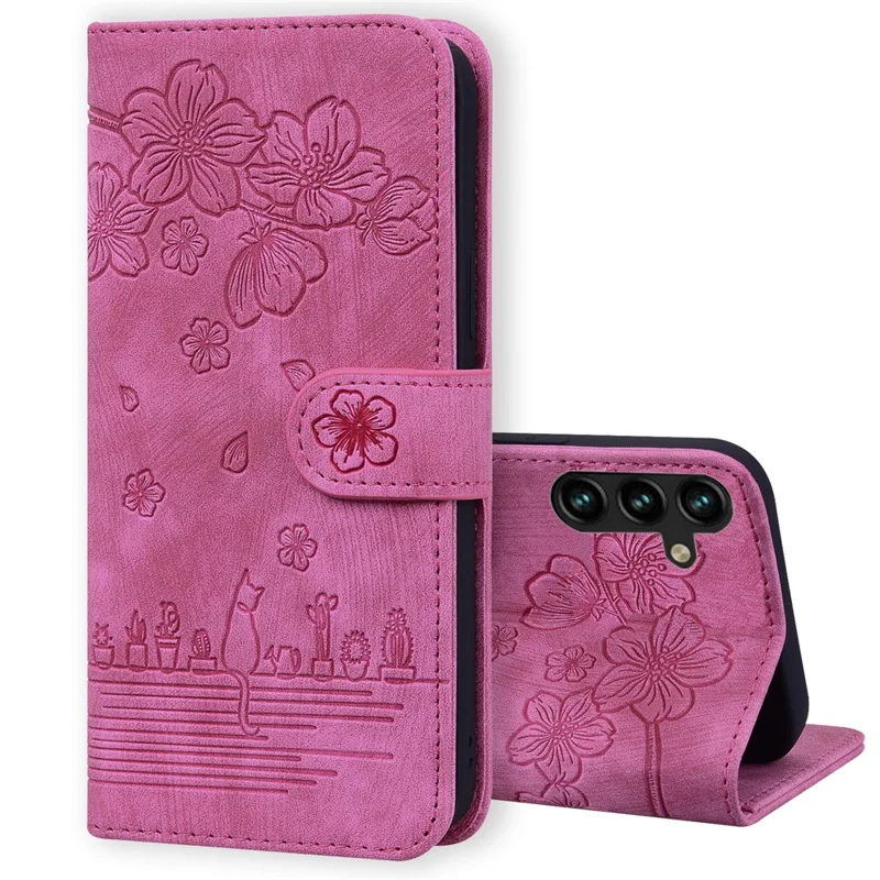 Cell Phone Case for Samsung Galaxy A35 5G Shell Imprinted Flower Cat Wallet Cover - Rose