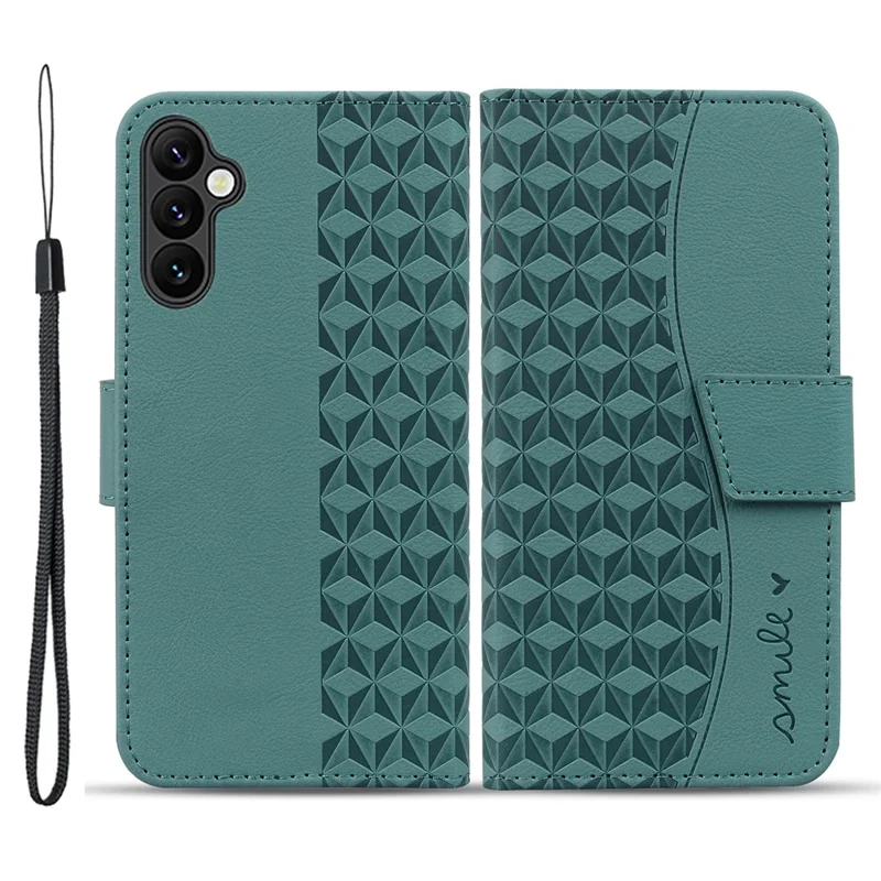 For Samsung Galaxy A35 5G Case Imprinted Rhombus Leather Phone Protector with Wrist Strap - Green