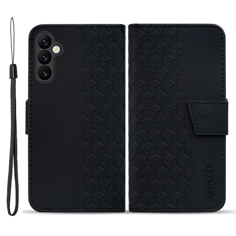 For Samsung Galaxy A55 5G Case Imprinted Rhombus Phone Wallet Cover with Hand Strap - Black