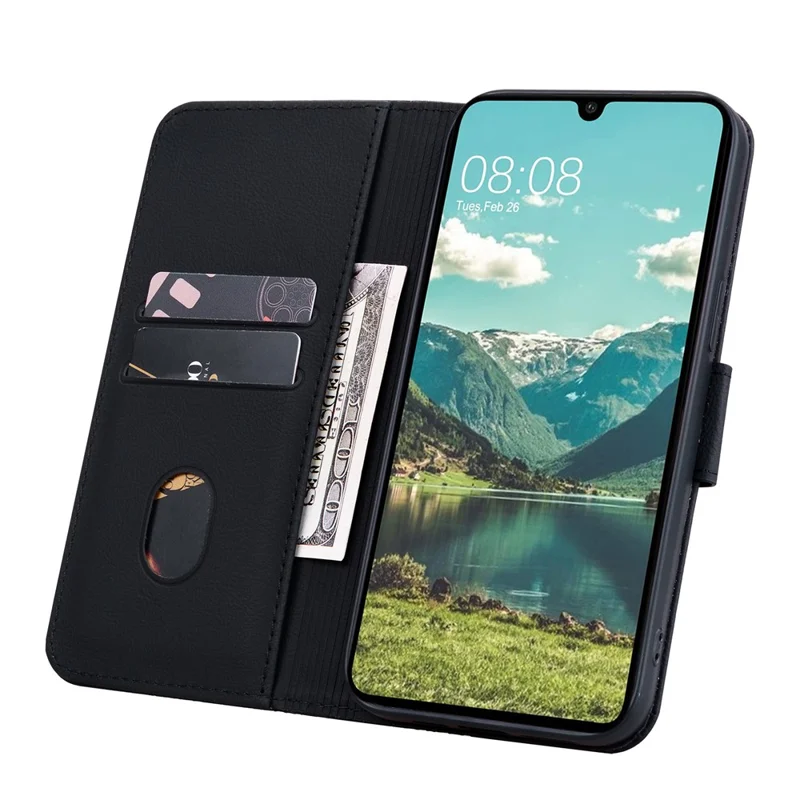 For Samsung Galaxy A55 5G Case Imprinted Rhombus Phone Wallet Cover with Hand Strap - Black