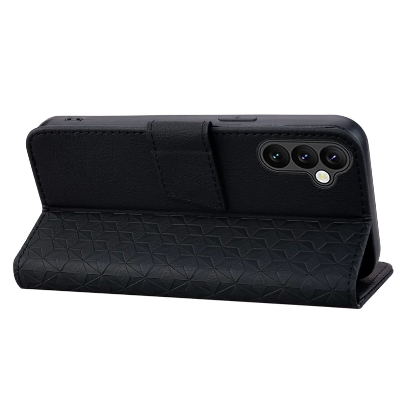 For Samsung Galaxy A55 5G Case Imprinted Rhombus Phone Wallet Cover with Hand Strap - Black