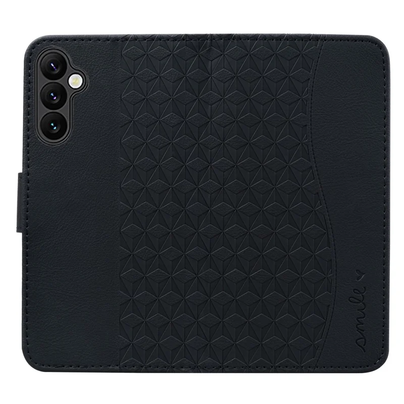 For Samsung Galaxy A55 5G Case Imprinted Rhombus Phone Wallet Cover with Hand Strap - Black