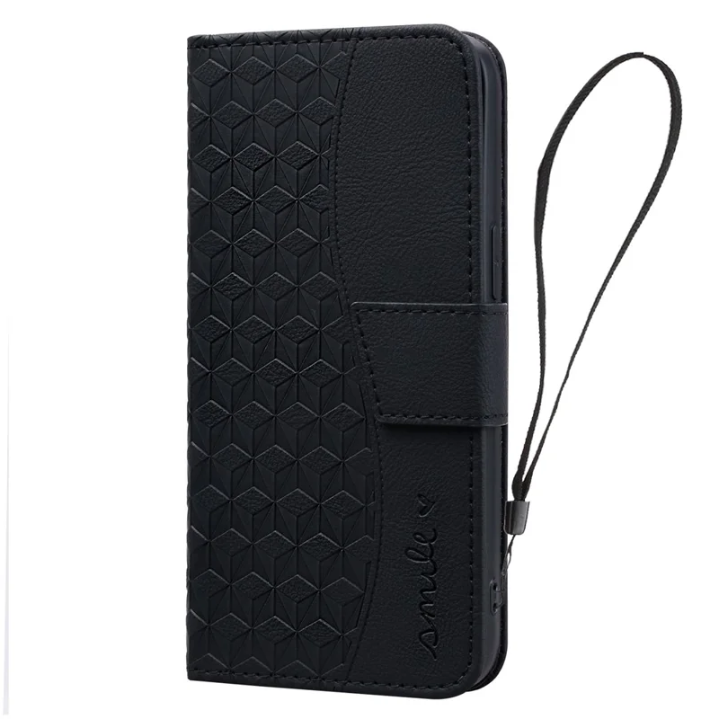 For Samsung Galaxy A55 5G Case Imprinted Rhombus Phone Wallet Cover with Hand Strap - Black