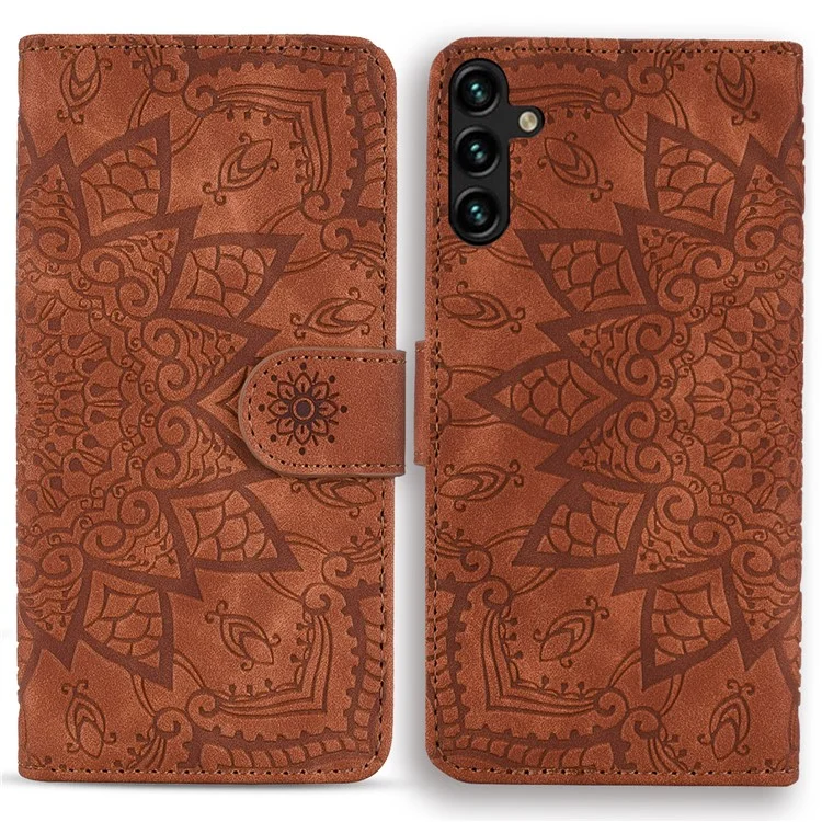 Funda de Billetera de Cuero con Estampado Floral para Samsung Galaxy A35 5G - Marrón