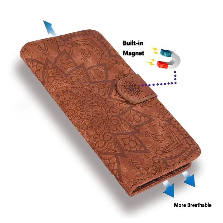 Funda de Billetera de Cuero con Estampado Floral para Samsung Galaxy A35 5G - Marrón