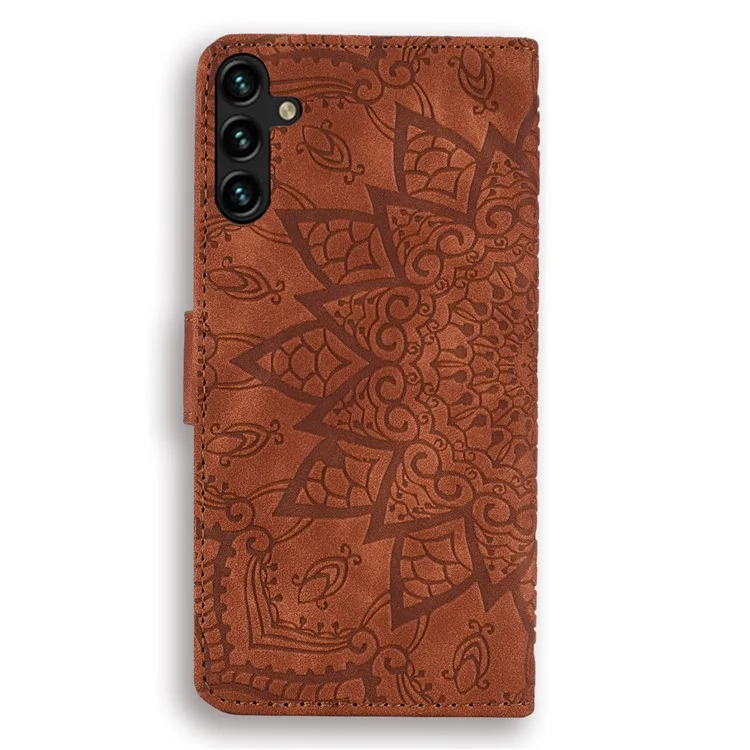 Funda de Billetera de Cuero con Estampado Floral para Samsung Galaxy A35 5G - Marrón