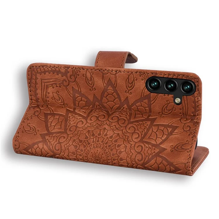 Funda de Billetera de Cuero con Estampado Floral para Samsung Galaxy A35 5G - Marrón