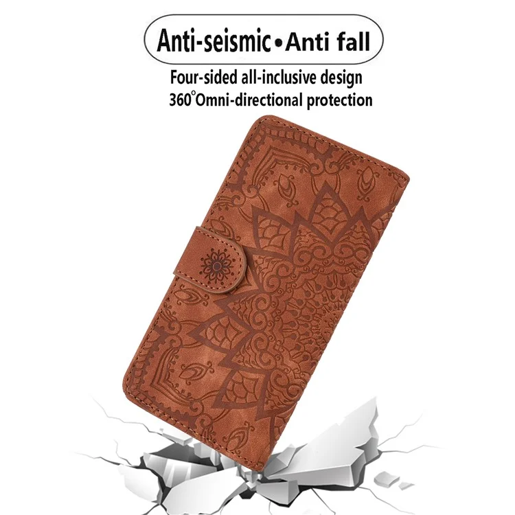 Funda de Billetera de Cuero con Estampado Floral para Samsung Galaxy A35 5G - Marrón