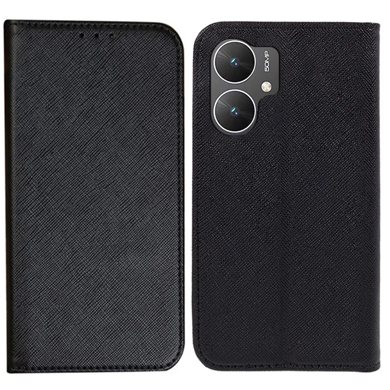 For Xiaomi Poco M6 5G / Redmi 13C 5G / 13R 5G Shockproof Phone Cover Cross Texture Magnetic PU Leather Case with Stand - Black